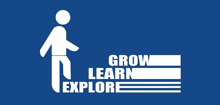 An illustration showing steps of explore, learn, and grow